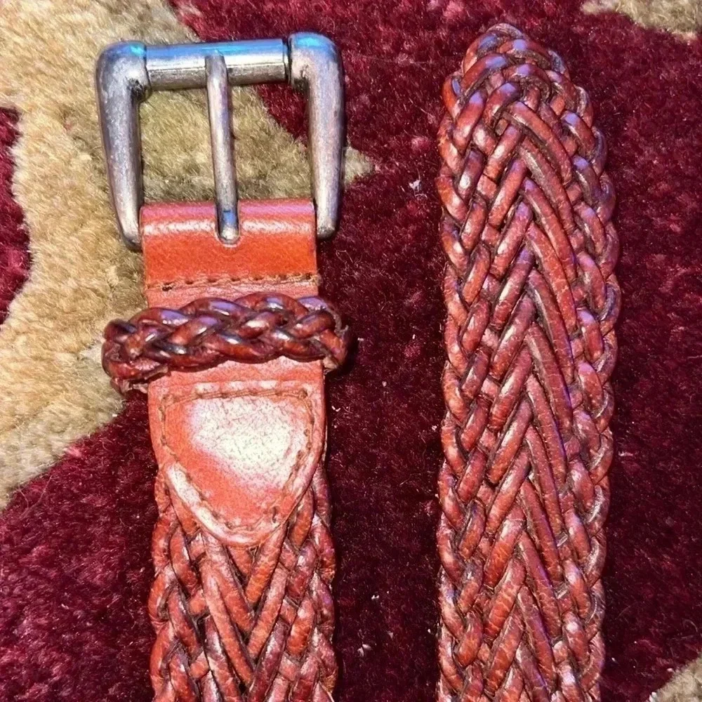 Vintage Braided Leather Belt in Deep Whiskey Brown Heavy Antique Silver Buckle M